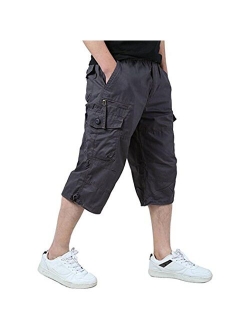 Amoystyle Men's Long Cargo Shorts Casual Capri Pants Loose Fit