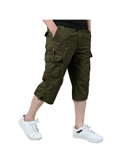 Amoystyle Men's Long Cargo Shorts Casual Capri Pants Loose Fit