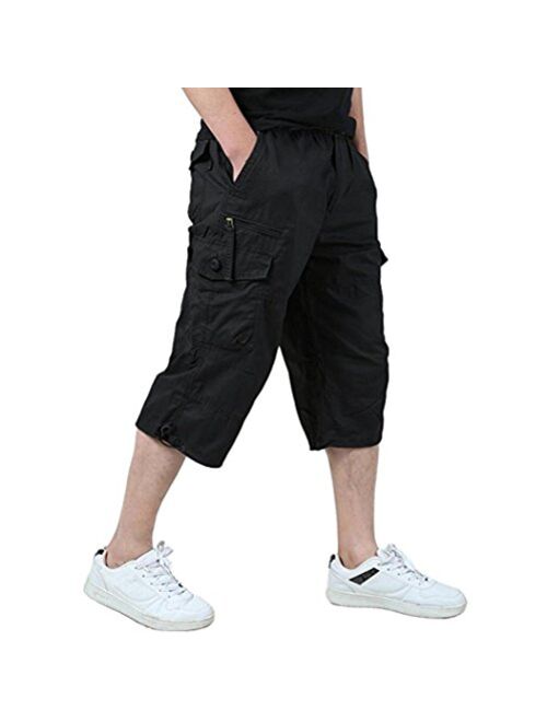 Amoystyle Men's Long Cargo Shorts Casual Capri Pants Loose Fit