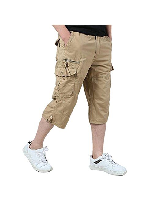 Amoystyle Men's Long Cargo Shorts Casual Capri Pants Loose Fit