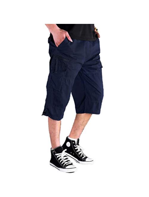 Amoystyle Men's Long Cargo Shorts Casual Capri Pants Loose Fit