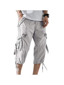 ONLYWOOD Men's Washed Cotton Multi-Pockets Below Knee Long Military Cargo Shorts