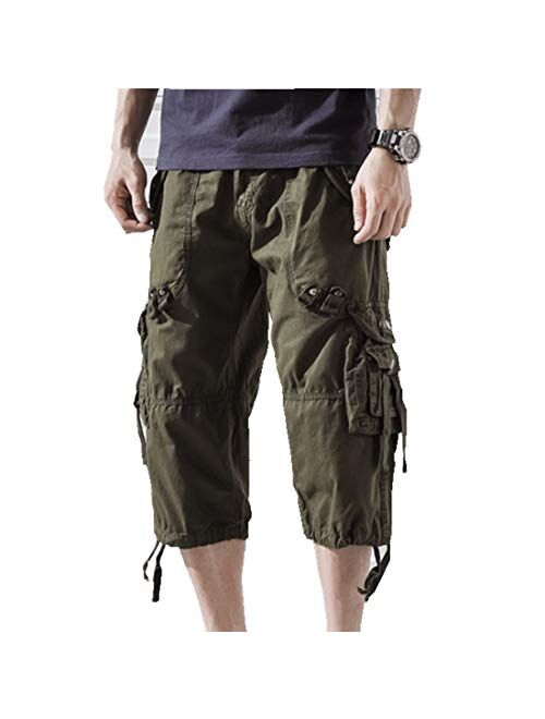 ONLYWOOD Men's Washed Cotton Multi-Pockets Below Knee Long Military Cargo Shorts