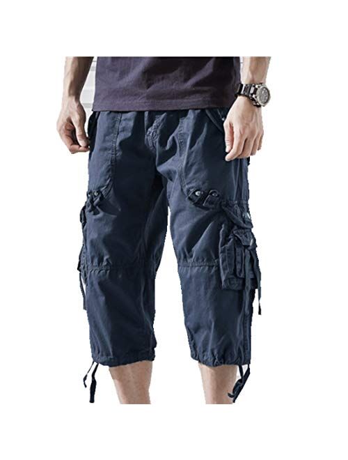 ONLYWOOD Men's Washed Cotton Multi-Pockets Below Knee Long Military Cargo Shorts