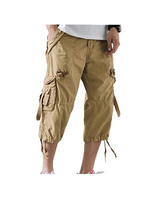 ONLYWOOD Men's Washed Cotton Multi-Pockets Below Knee Long Military Cargo Shorts