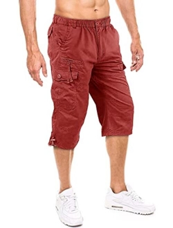 KEFITEVD Men's Cotton 3/4 Capri Shorts Casual Military Elastic Cargo Shorts with Multi Pockets