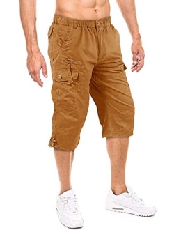 KEFITEVD Men's Cotton 3/4 Capri Shorts Casual Military Elastic Cargo Shorts with Multi Pockets