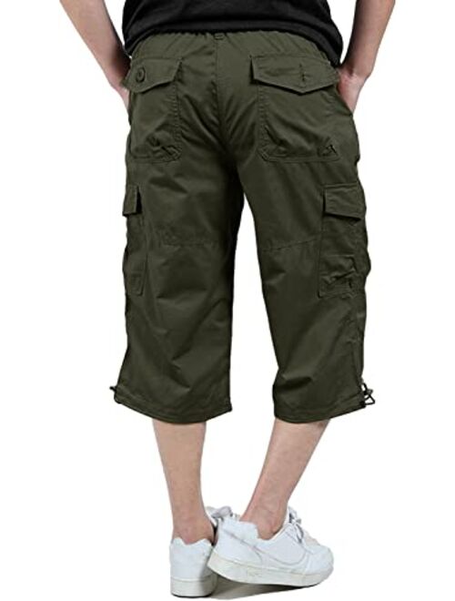 KEFITEVD Men's Cotton 3/4 Capri Shorts Casual Military Elastic Cargo Shorts with Multi Pockets