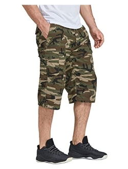 LABEYZON Men's 3/4 Long Capri Shorts Casual Elastic Waist Below Knee Twill Cotton Relaxed Fit Cargo Shorts with Multi-Pockets