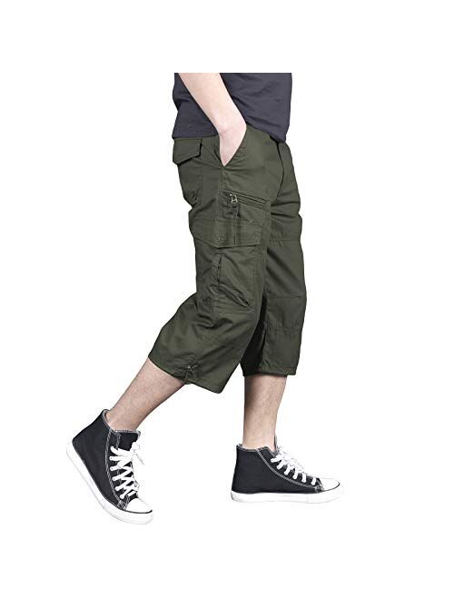 LABEYZON Men's 3/4 Long Capri Shorts Casual Elastic Waist Below Knee Twill Cotton Relaxed Fit Cargo Shorts with Multi-Pockets