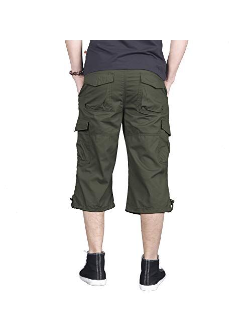 LABEYZON Men's 3/4 Long Capri Shorts Casual Elastic Waist Below Knee Twill Cotton Relaxed Fit Cargo Shorts with Multi-Pockets