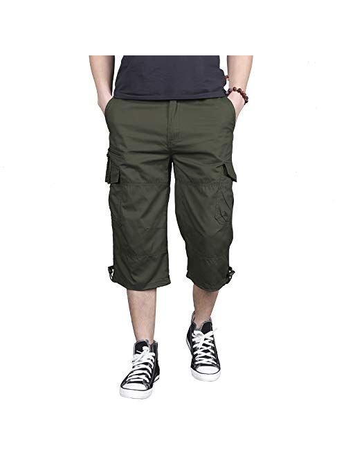 LABEYZON Men's 3/4 Long Capri Shorts Casual Elastic Waist Below Knee Twill Cotton Relaxed Fit Cargo Shorts with Multi-Pockets