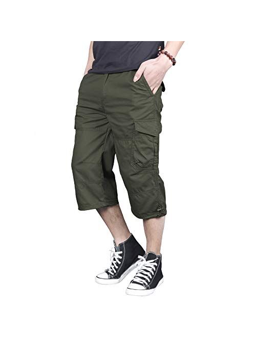 LABEYZON Men's 3/4 Long Capri Shorts Casual Elastic Waist Below Knee Twill Cotton Relaxed Fit Cargo Shorts with Multi-Pockets