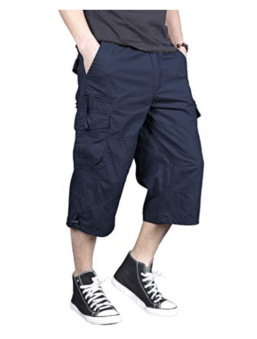 LABEYZON Men's 3/4 Long Capri Shorts Casual Elastic Waist Below Knee Twill Cotton Relaxed Fit Cargo Shorts with Multi-Pockets