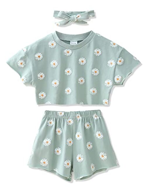 Wesidom Toddler Girl Clothes Baby Girls Outfits 6M-4T Summer Floral Print Shirt+Shorts+Headband 3pcs Baby Clothing