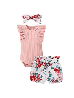 Hundofam Baby Girl Clothes Infant Summer Outfits Set Ruffle Sleeve Romper Floral Pants 3PCS Bodysuit +Shorts +Headband