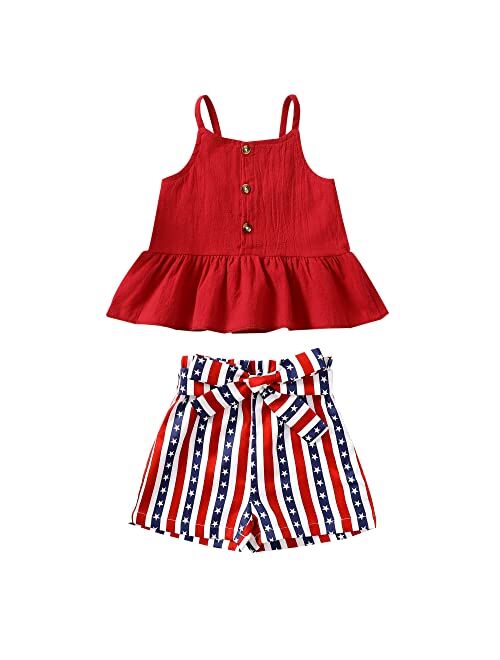 Kucnuzki Toddler Baby Girl Clothes Summer Outfits Ruffle Sleeveless Linen Shirt Kid Short Set for Girl