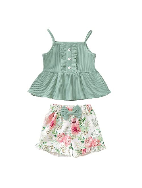 Kucnuzki Toddler Baby Girl Clothes Summer Outfits Ruffle Sleeveless Linen Shirt Kid Short Set for Girl