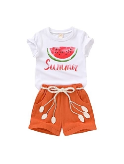 YOUNGER TREE Toddler Baby Girls Clothes Watermelon T-shirt + Linen Shorts with Belt Cute Summer Short Set