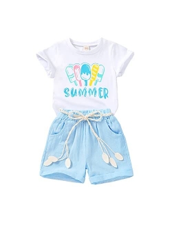 YOUNGER TREE Toddler Baby Girls Clothes Watermelon T-shirt + Linen Shorts with Belt Cute Summer Short Set