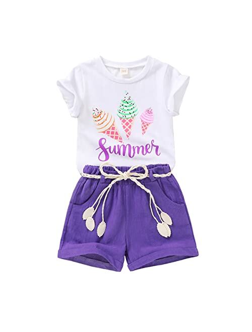 YOUNGER TREE Toddler Baby Girls Clothes Watermelon T-shirt + Linen Shorts with Belt Cute Summer Short Set