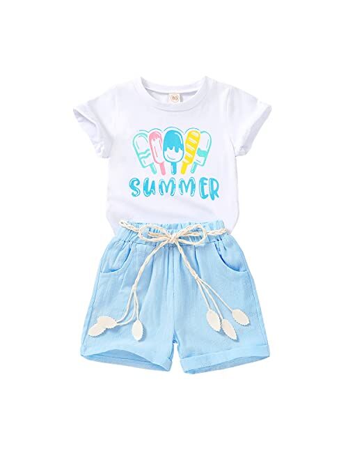 YOUNGER TREE Toddler Baby Girls Clothes Watermelon T-shirt + Linen Shorts with Belt Cute Summer Short Set