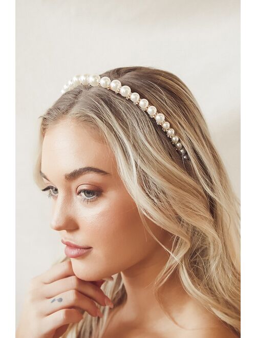 Lulus Belle of the Ball Gold Rhinestone and Pearl Headband