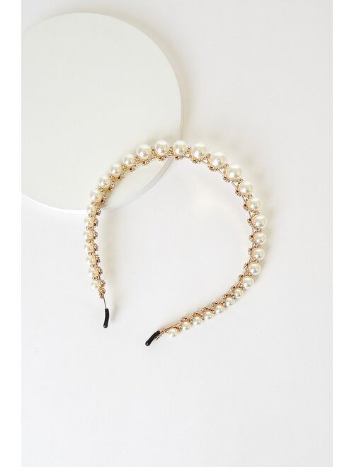 Lulus Belle of the Ball Gold Rhinestone and Pearl Headband