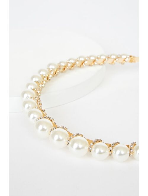 Lulus Belle of the Ball Gold Rhinestone and Pearl Headband