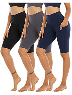 CHRLEISURE 3 Pack Biker Shorts for Women High Waist with Pockets- Spandex Yoga Tummy Control Shorts