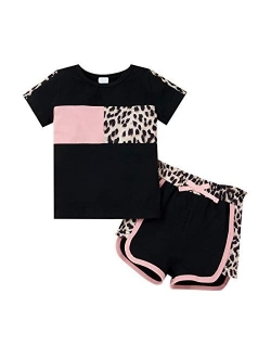 Masbekte Toddler Girl Summer Outfits Short Sleeve T-Shirt + Shorts Set Leopard Printed Cute Baby Girl Clothes Sport Tracksuit 18M-6T