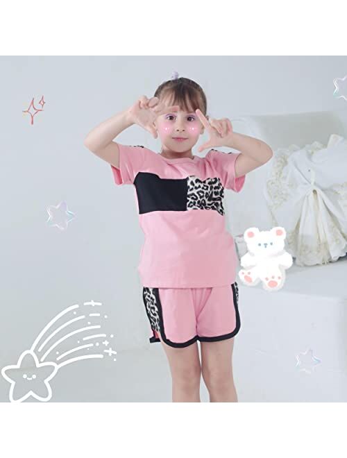 Masbekte Toddler Girl Summer Outfits Short Sleeve T-Shirt + Shorts Set Leopard Printed Cute Baby Girl Clothes Sport Tracksuit 18M-6T