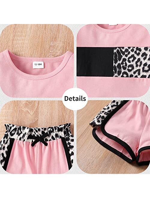 Masbekte Toddler Girl Summer Outfits Short Sleeve T-Shirt + Shorts Set Leopard Printed Cute Baby Girl Clothes Sport Tracksuit 18M-6T