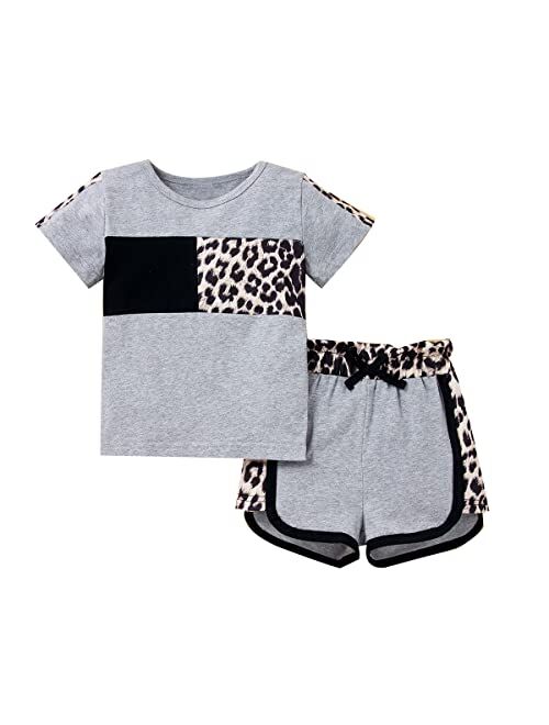 Masbekte Toddler Girl Summer Outfits Short Sleeve T-Shirt + Shorts Set Leopard Printed Cute Baby Girl Clothes Sport Tracksuit 18M-6T