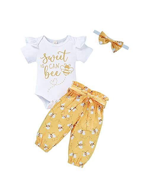 Grnshts Infant Baby Girl Bumble Bee Clothes Letter Print Romper Honey Bees Pants Bowknot Headband Outfits Set