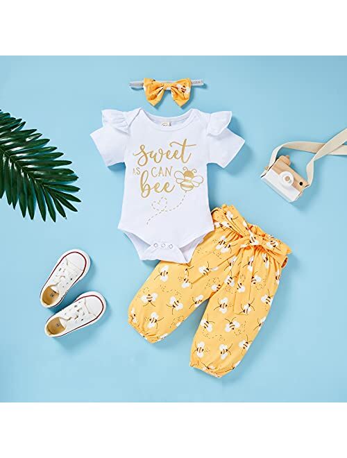 Grnshts Infant Baby Girl Bumble Bee Clothes Letter Print Romper Honey Bees Pants Bowknot Headband Outfits Set