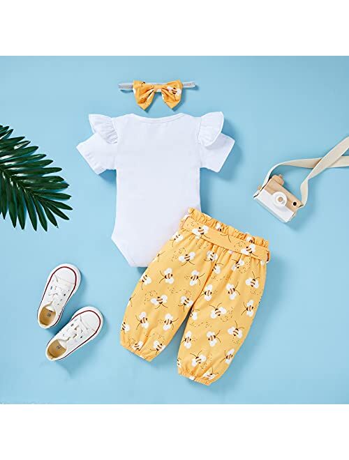 Grnshts Infant Baby Girl Bumble Bee Clothes Letter Print Romper Honey Bees Pants Bowknot Headband Outfits Set