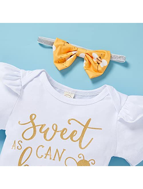 Grnshts Infant Baby Girl Bumble Bee Clothes Letter Print Romper Honey Bees Pants Bowknot Headband Outfits Set