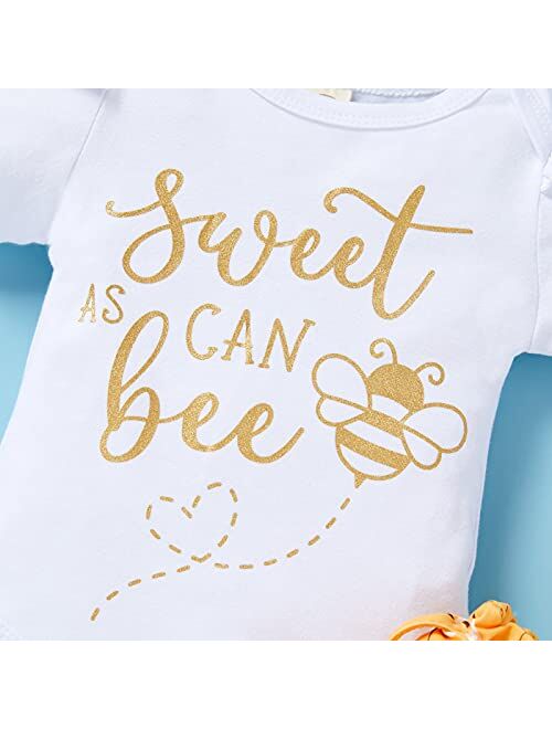 Grnshts Infant Baby Girl Bumble Bee Clothes Letter Print Romper Honey Bees Pants Bowknot Headband Outfits Set