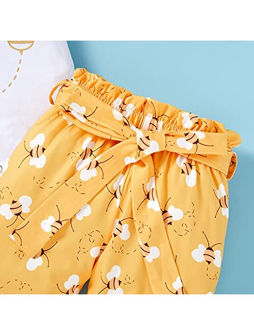 Grnshts Infant Baby Girl Bumble Bee Clothes Letter Print Romper Honey Bees Pants Bowknot Headband Outfits Set