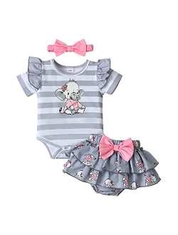 Pennsoy Baby Girl Clothes Newborn Infant Elephant Print Summer Outfits Ruffle Short Sleeve Romper Jumpsuit with Headband 3PCS