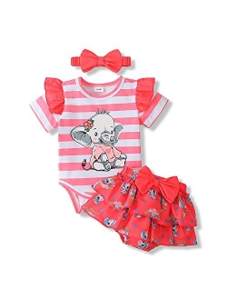 Pennsoy Baby Girl Clothes Newborn Infant Elephant Print Summer Outfits Ruffle Short Sleeve Romper Jumpsuit with Headband 3PCS