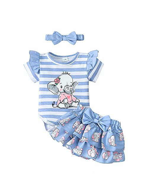 Pennsoy Baby Girl Clothes Newborn Infant Elephant Print Summer Outfits Ruffle Short Sleeve Romper Jumpsuit with Headband 3PCS