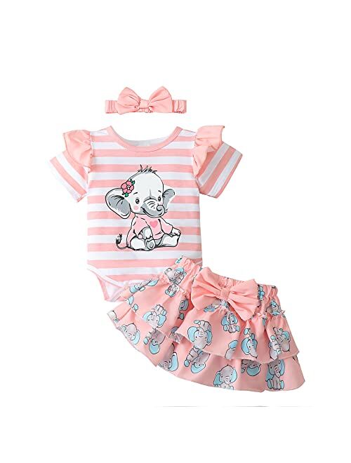 Pennsoy Baby Girl Clothes Newborn Infant Elephant Print Summer Outfits Ruffle Short Sleeve Romper Jumpsuit with Headband 3PCS