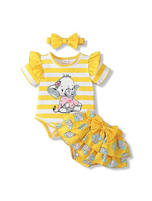 Pennsoy Baby Girl Clothes Newborn Infant Elephant Print Summer Outfits Ruffle Short Sleeve Romper Jumpsuit with Headband 3PCS