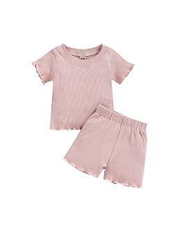 Dimoybabe Toddler Baby Girl Summer Clothes Knit Cotton Outfits Infant Short Set