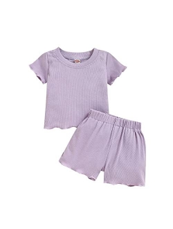 Dimoybabe Toddler Baby Girl Summer Clothes Knit Cotton Outfits Infant Short Set