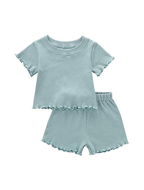 Dimoybabe Toddler Baby Girl Summer Clothes Knit Cotton Outfits Infant Short Set