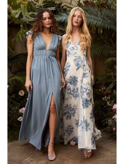 Elegantly Inclined Navy Blue Floral Print Wrap Maxi Dress