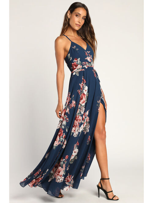 Lulus Elegantly Inclined Navy Blue Floral Print Wrap Maxi Dress